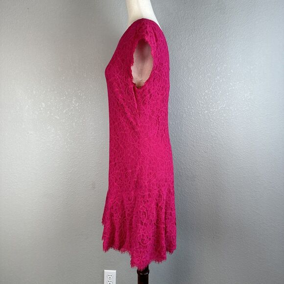 Diane Von Furstenberg DVF Womens Brittany Ruffle Hem Dress 12 Pink Stretch Lace - Picture 4 of 11